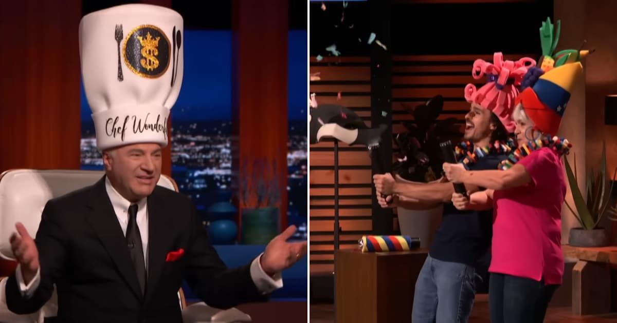 Screenshots showing Kevin O'Leary wearing a giant party hat and the founders of Foam Party Hats (Cover image source: YouTube/Sony Pictures Television)