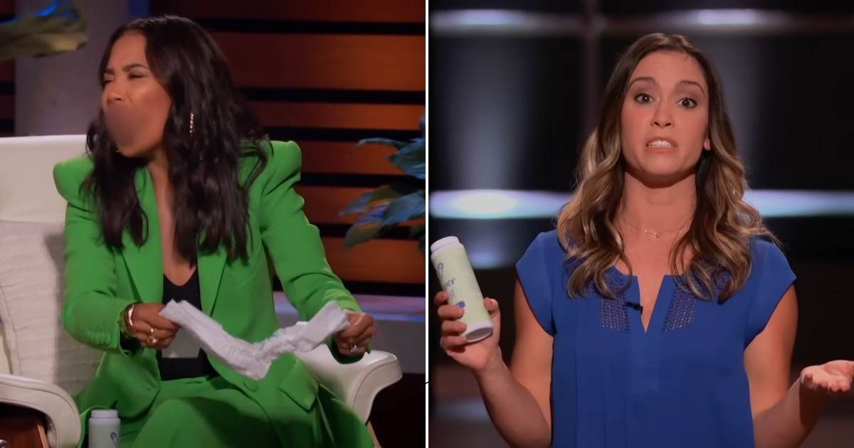 Screenshots showing guest Shark Emma Grede's reaction and the founder of Diaper Dust (Cover image source: YouTube/Sony Pictures Television)