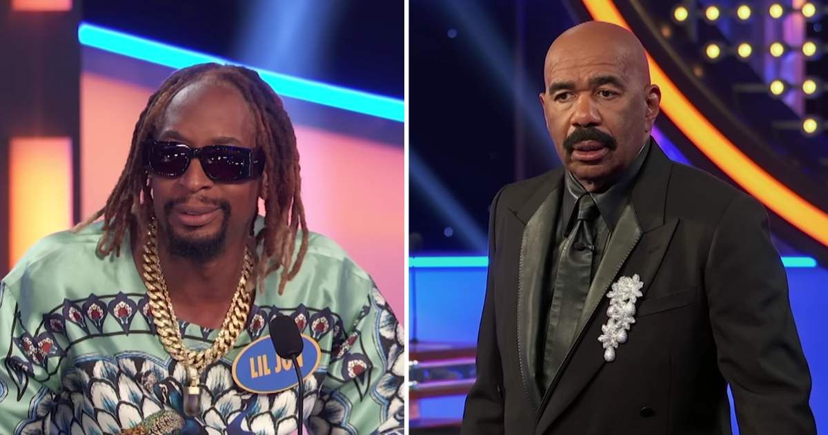 Screenshots showing the rapper (L) and Steve Harvey on "Celebrity Family Feud." (Cover image source: YouTube | Family Feud)