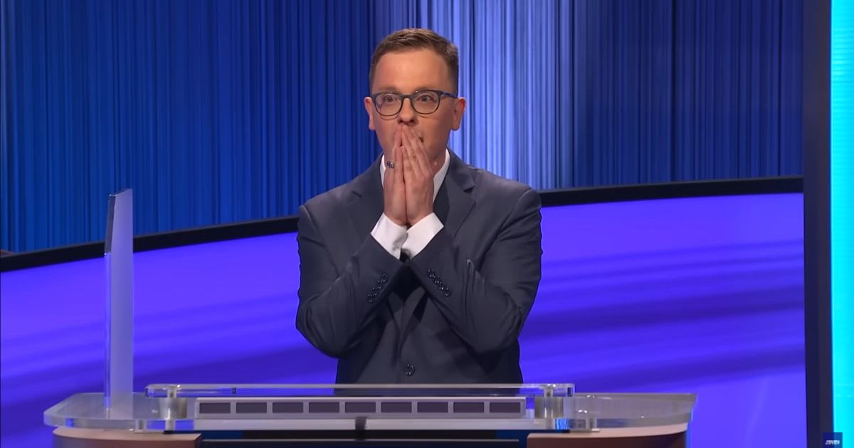 Screenshot showing Jonathan Hugendubler's reaction after defeating Scott Riccairdi (Cover image source: YouTube/Jeopardy!)
