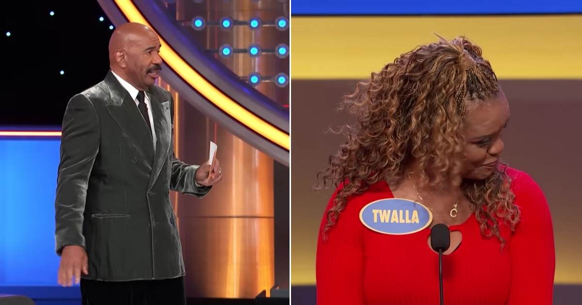 Screenshots showing Steve Harvey and the contestant on "Family Feud." (Image credit: YouTube | Family Feud)