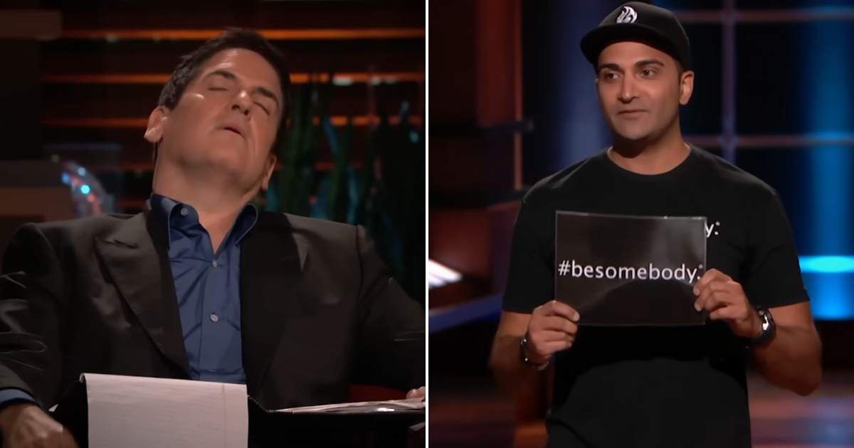 Screenshot showing the founder of Besomebody and Mark Cuban's reaction to his arguments (Cover image source: YouTube/Shark Tank Global)