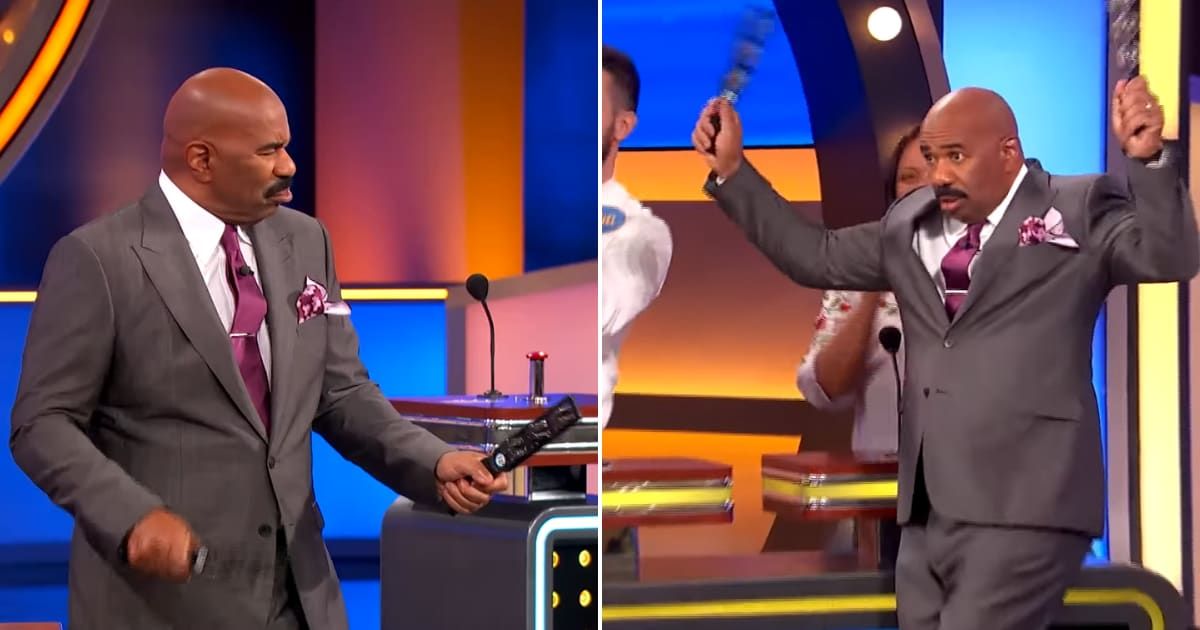 Screenshots showing Steve Harvey dancing to the Bobek family's tunes (Cover image source: YouTube/Family Feud)