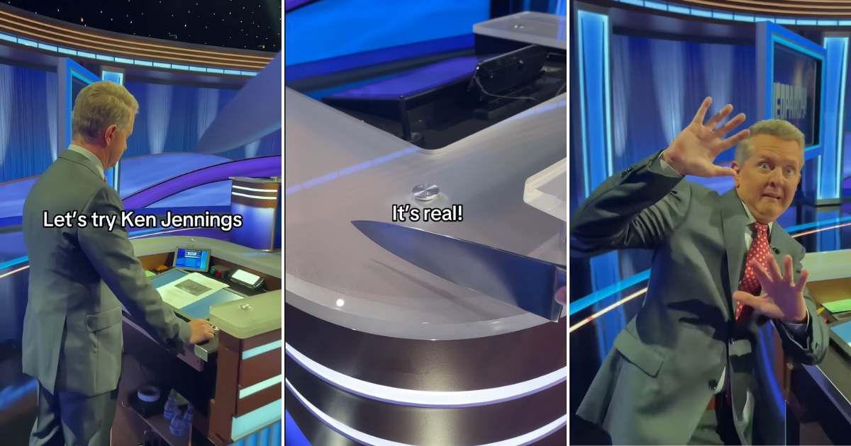 Screenshots showing Ken Jennings participating in the 'Is it real or is it cake?' trend on Jeopardy! (Cover image source: YouTube/Jeopardy!)