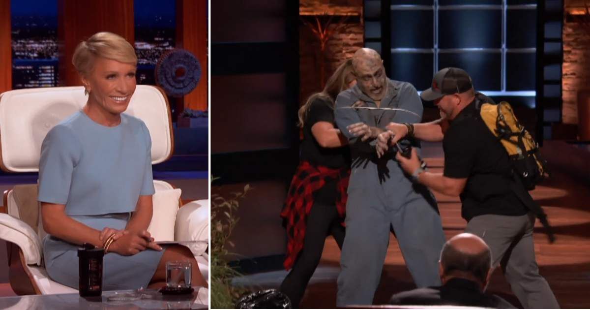 Screenshots showing the co-founders of Rapid Rope with a zombie, and (L) Barbara Corcoran's reaction to it (Cover Image source: YouTube/Sony Pictures Television)