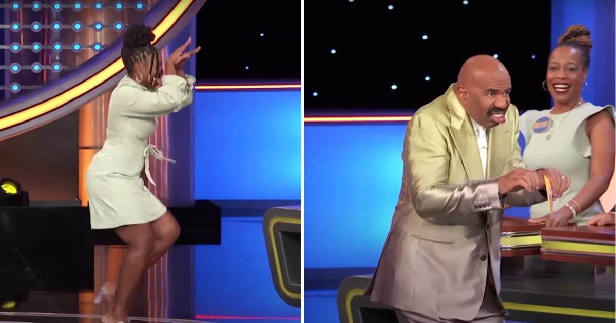 Screenshots showing the contestant and Steve Harvey on "Family Feud." (Cover Image Source: YouTube | Family Feud)