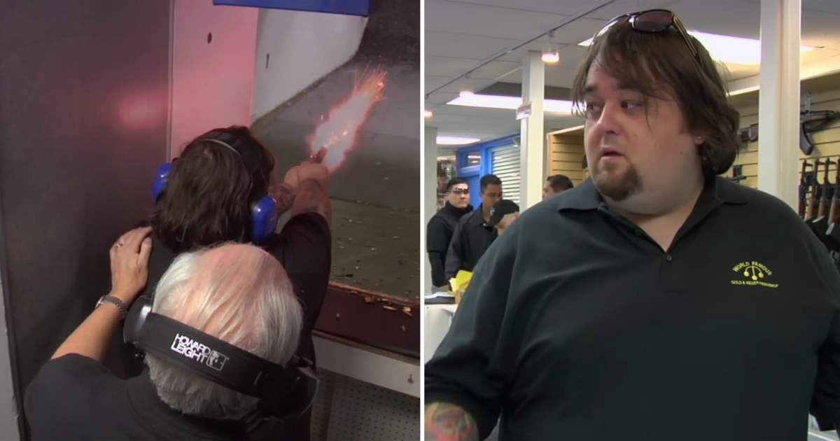 Screenshots showing Chumlee shooting the gun on "Pawn Stars." (Cover Image Source: YouTube | Pawn Stars)