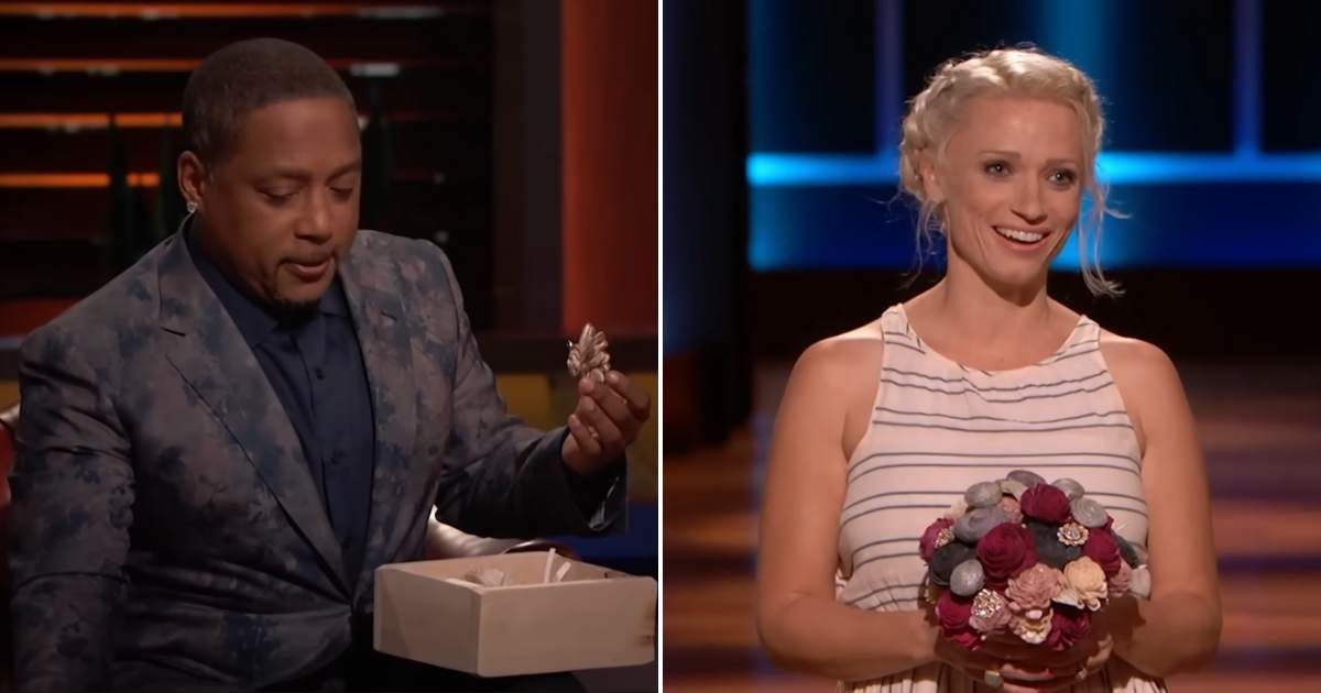 Screenshots showing Daymond John looking at an EcoFlower and the entrepreneur, Meagan Bowman (Cover image source: YouTube/Shark Tank Global)