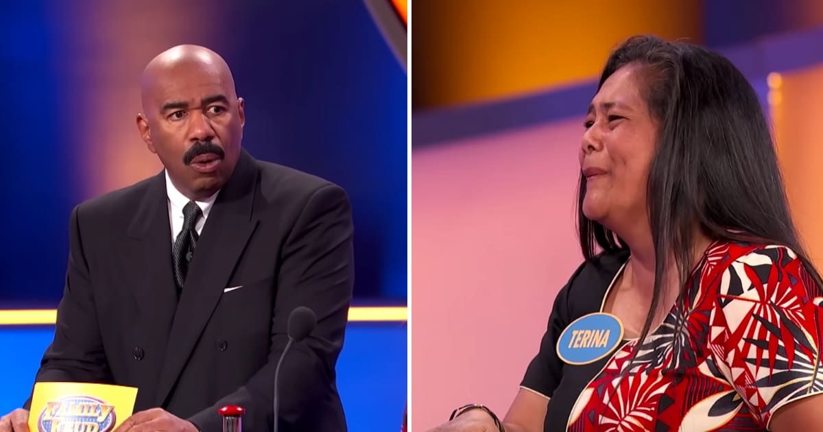 Screenshots showing Steve Harvey and the contestant on "Family Feud" (Cover image source: YouTube | Family Feud)