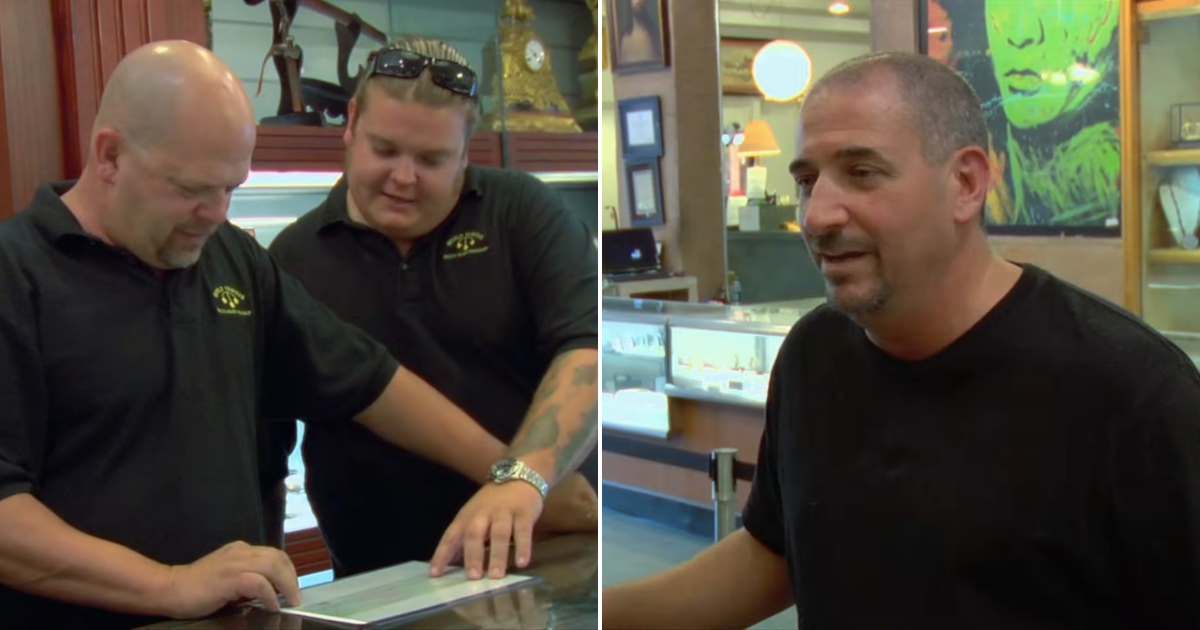 Screenshots showing Rick and Corey Harrison looking at the check; and the seller, Al (Cover image source: YouTube/Pawn Stars)