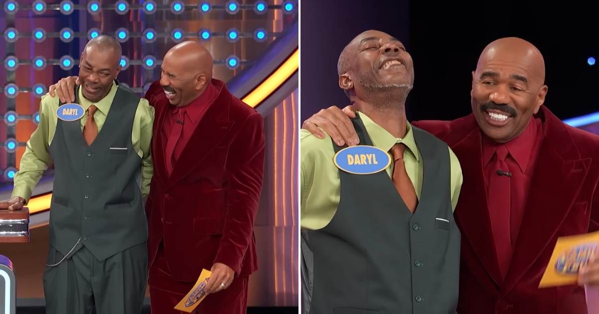 Screenshots showing Steve Harvey talking to the player, Daryl (Cover image source: YouTube/Family Feud)