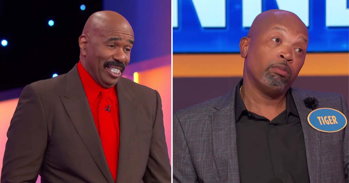 Screenshots showing Steve Harvey and the contestant on "Family Feud" (Cover image source: YouTube | Family Feud)