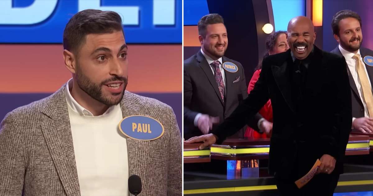 Screenshots showing the contestant and Steve Harvey on "Family Feud." (Cover Image Source: YouTube | Family Feud)