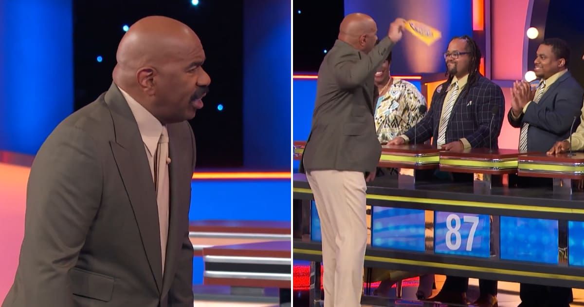 Screenshots showing Steve Harvey yelling at a contestant and throwing his cards away (Cover image source: YouTube/Family Feud)