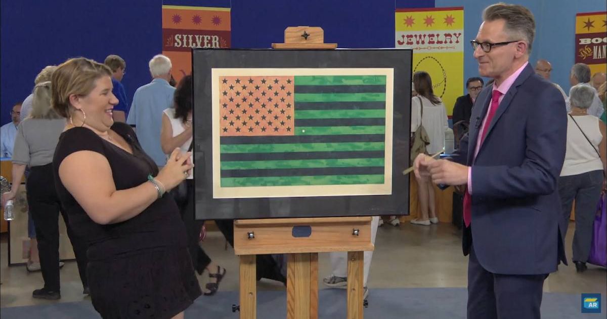 Screenshot showing the guest, the 1969 Jasper Johns Flag Print, and the expert on the show (Cover image source: Youtube/Antiques Roadshow PBS)