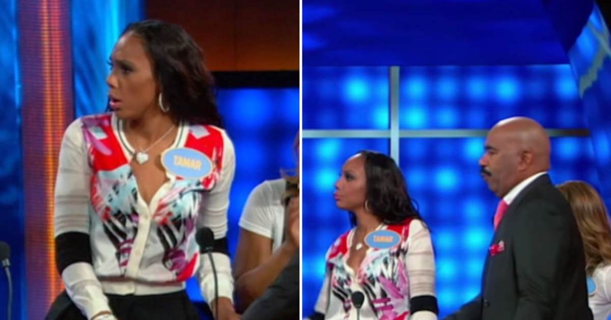 Screenshots showing the contestant's sister shocked at her answer before Steve Harvey took over (Cover image source: Instagram | Family Feud)
