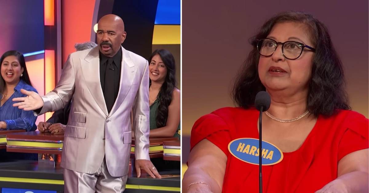 Screenshots showing Steve Harvey and the contestant on "Family Feud." (Cover Image Source: YouTube | Family Feud)