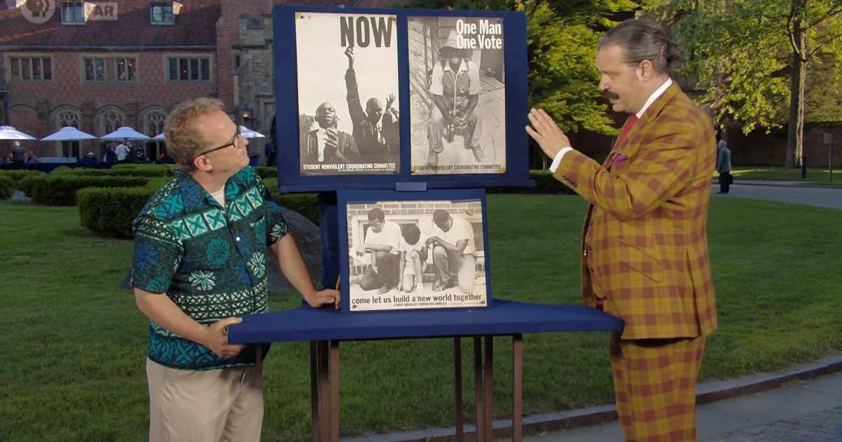 Screenshot showing the guest, the poster collection, and the expert on the show (Cover image source: YouTube/Antiques Roadshow PBS)