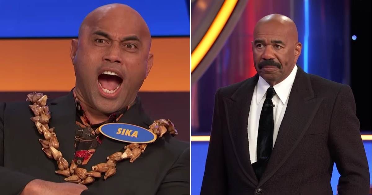 Screenshots showing the contestant and Steve Harvey on "Family Feud." (Cover Image Source: YouTube | Family Feud)