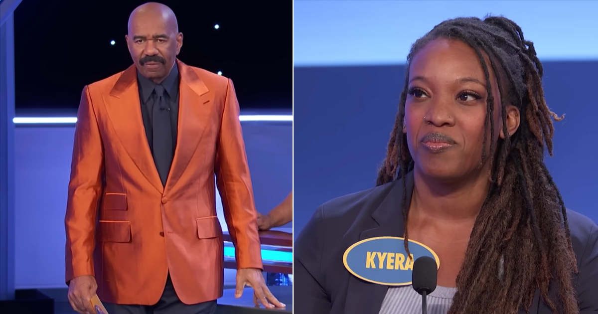 Screenshots showing Steve Harvey and the contestant on "Family Feud." (Cover Image Source: YouTube | Family Feud)