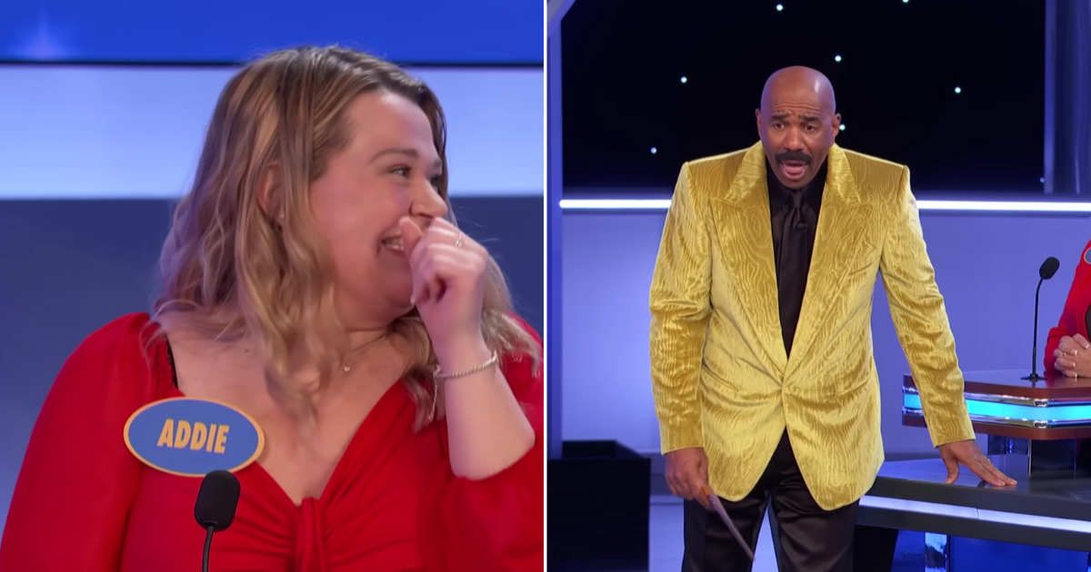 Screenshots showing the contestant and Steve Harvey on "Family Feud" (Cover Image Source: YouTube | Family Feud)
