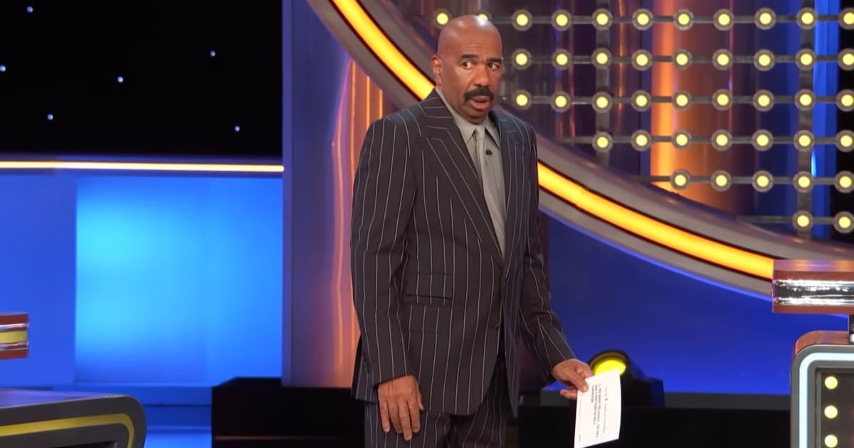 Screenshot showing Harvey's reaction to one of the answers (Cover image source: YouTube/Family Feud)
