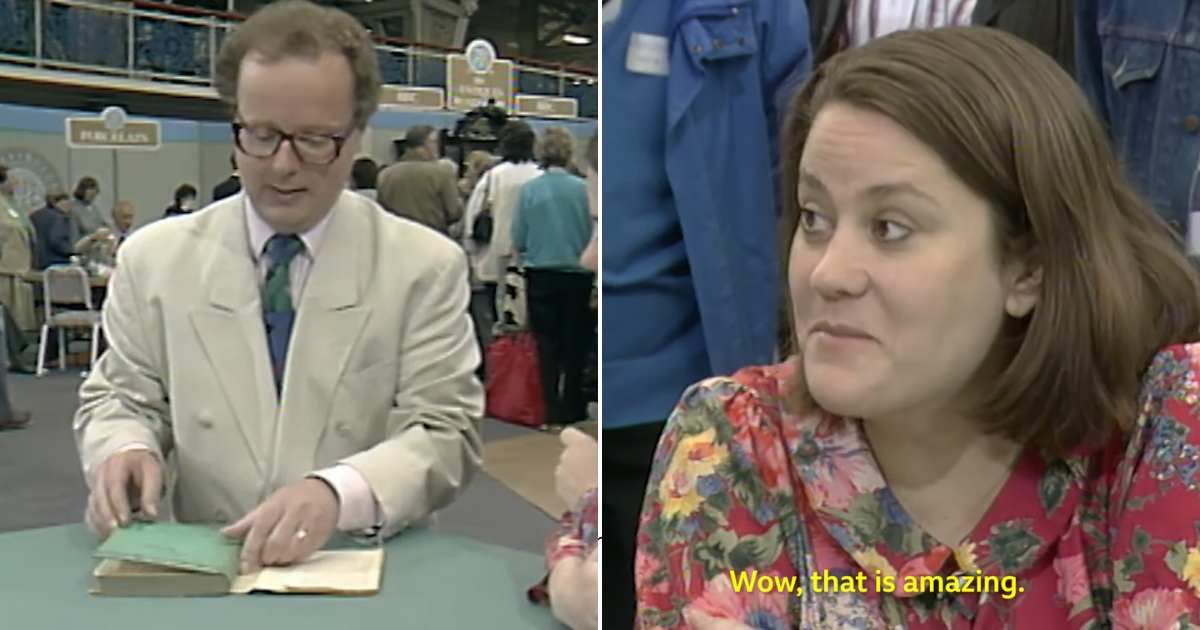 Screenshots showing the expert examining the book and the guest's reaction to the appraisal (Cover image source: YouTube/BBC Studios)