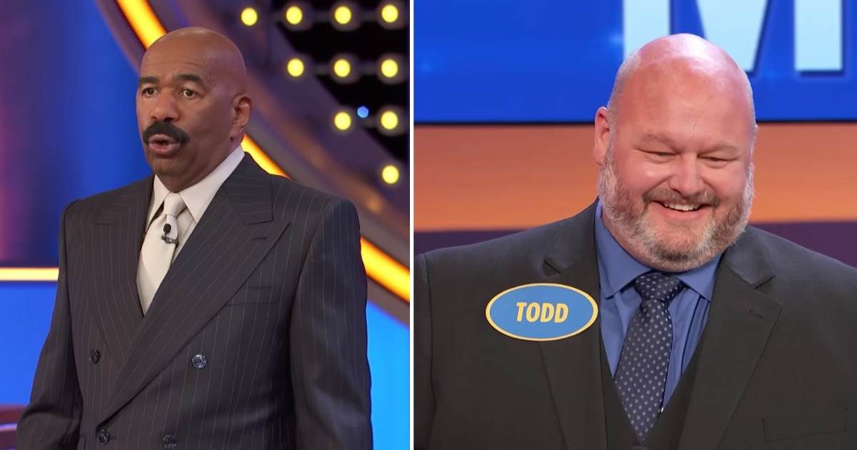 Screenshots showing Steve Harvey and the contestant on "Family Feud." (Cover image source: YouTube | Family Feud)