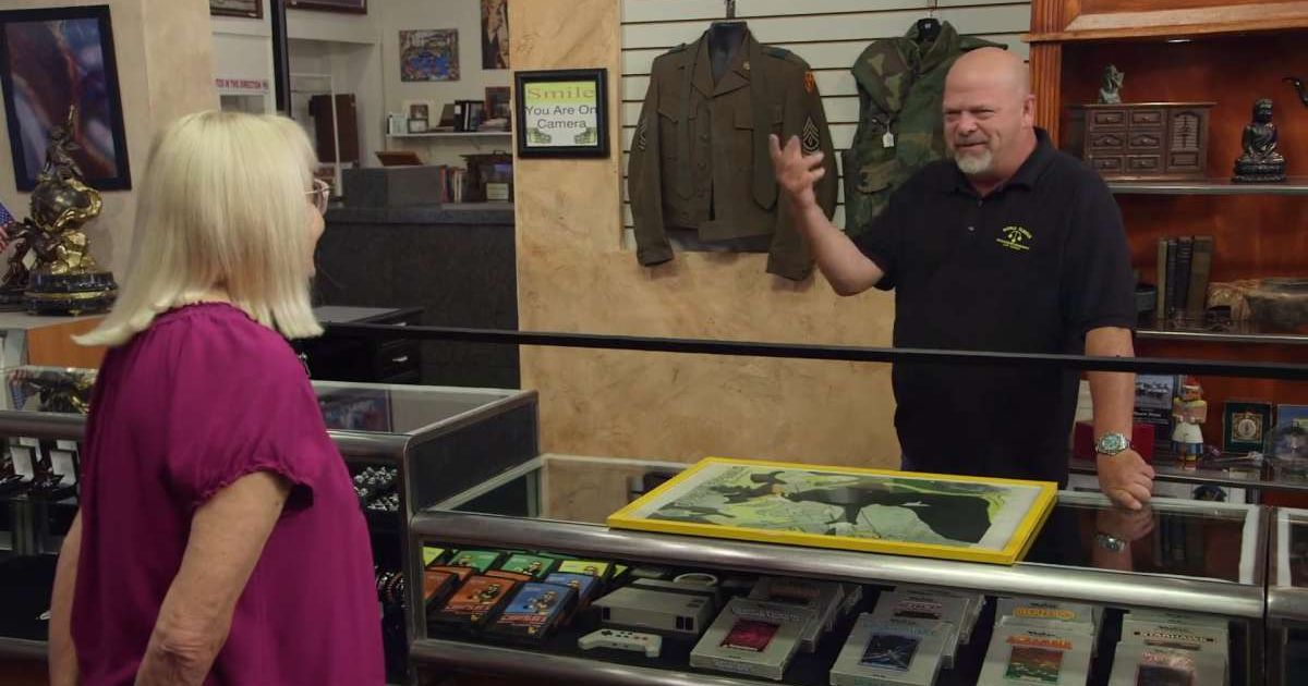 Screenshot showing the seller, the painting, and Rick Harrison (Cover image source: YouTube/Pawn Stars)