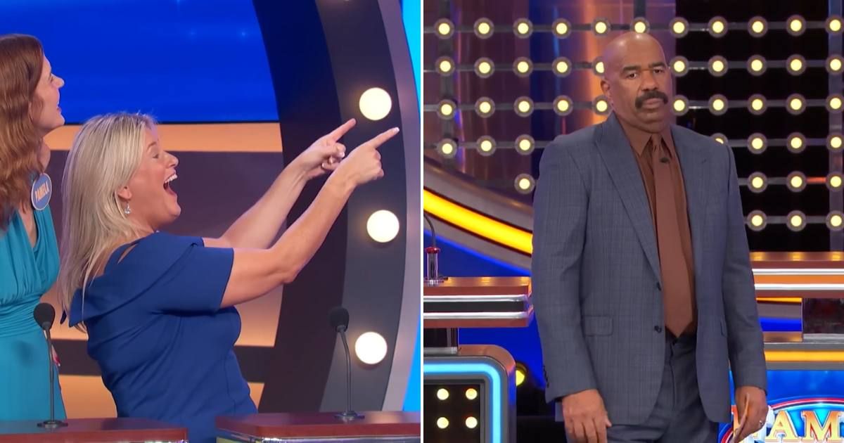 Screenshot showing the contestant and Steve Harvey's reaction to the answer on the board (Cover image source: YouTube/Family Feud)