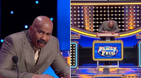'Family Feud' host Steve Harvey breaks down at his podium begging for a sensible answer