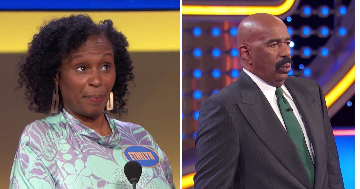 Screenshots showing the contestant and Steve Harvey on "Family Feud" (Cover Image Source: YouTube | Family Feud)