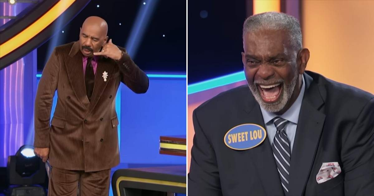 Screenshots showing Steve Harvey roasting Basketball legend, Sweet Lou Dunbar (Cover image source: YouTube/Family Feud) 