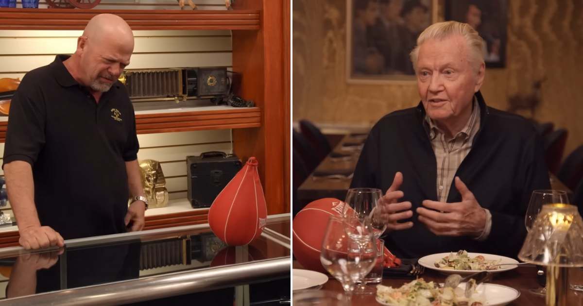 Screenshots showing Rick Harrison looking at the item, and Jon Voight talking about it (Cover image source: YouTube/Pawn Stars)