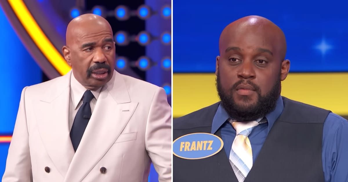 Screenshots showing Steve Harvey and the contestant on "Family Feud." (Cover Image Source: YouTube | Family Feud)