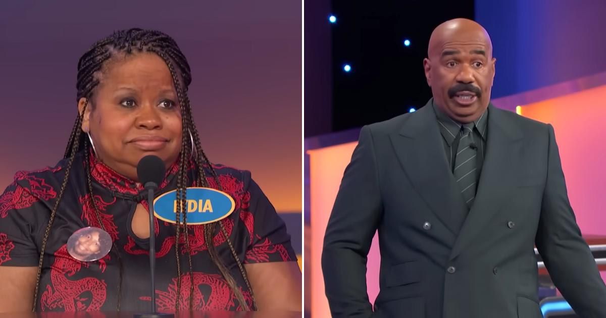 Screenshot showing the contestant and Steve Harvey on the show (Cover image source: YouTube/Family Feud)