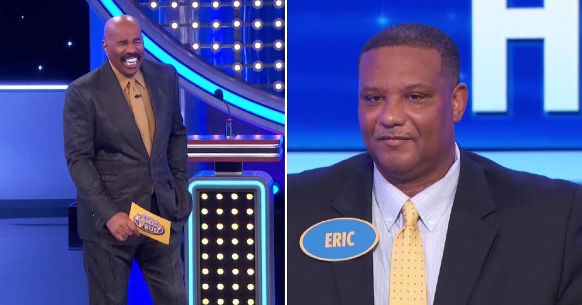 Screenshots showing Steve Harvey and the contestant on "Family Feud." (Cover Image Source: YouTube | Family Feud)