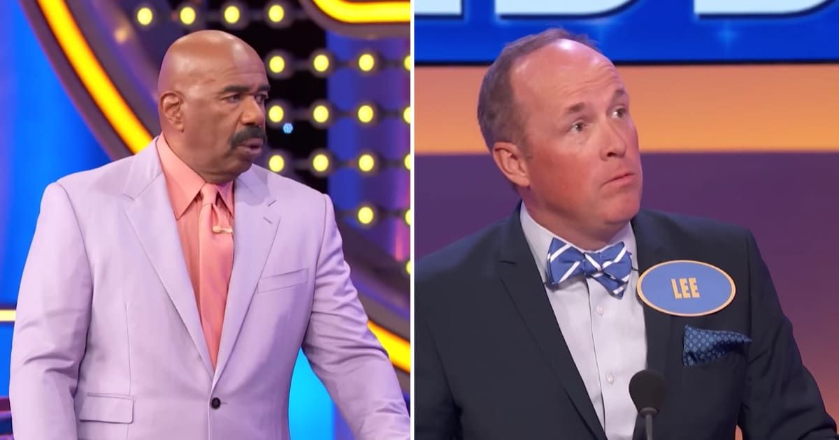 Screenshots showing Steve Harvey and the contestant on "Family Feud" (Cover Image Source: YouTube | Family Feud)