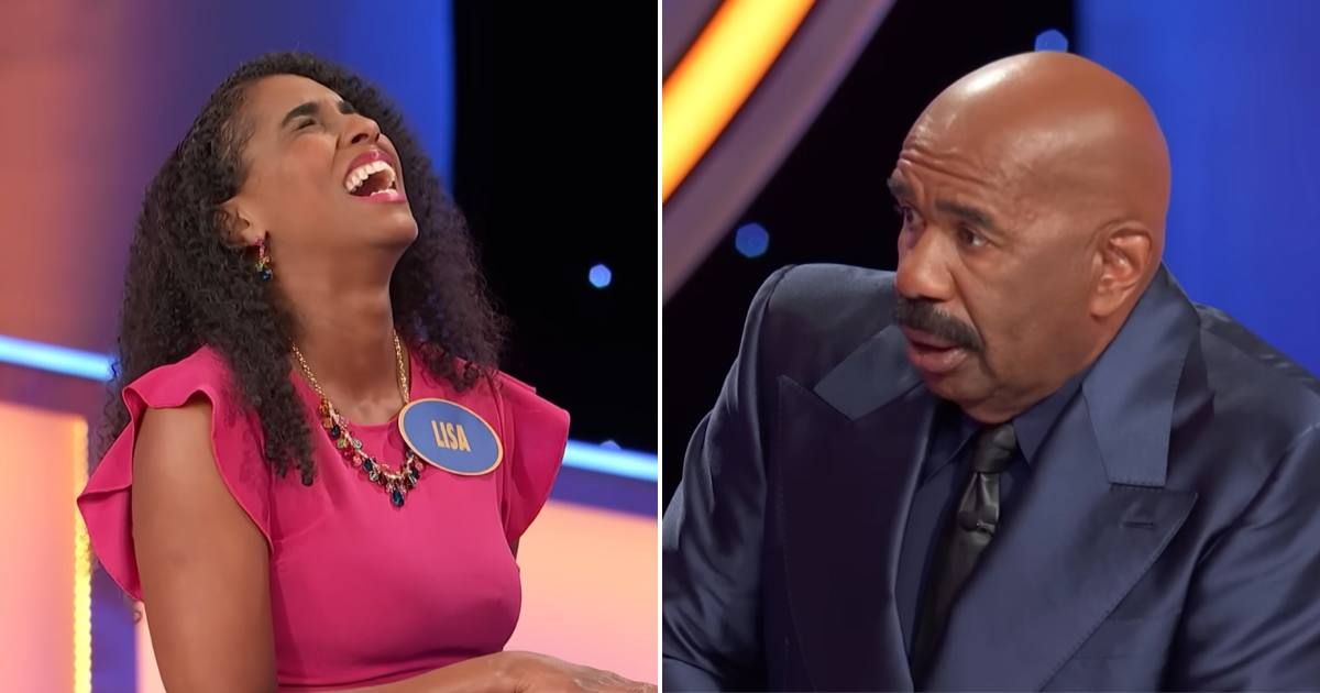 Screenshots showing the player and Steve Harvey's reaction to the answer (Cover image source: YouTube/Family Feud)