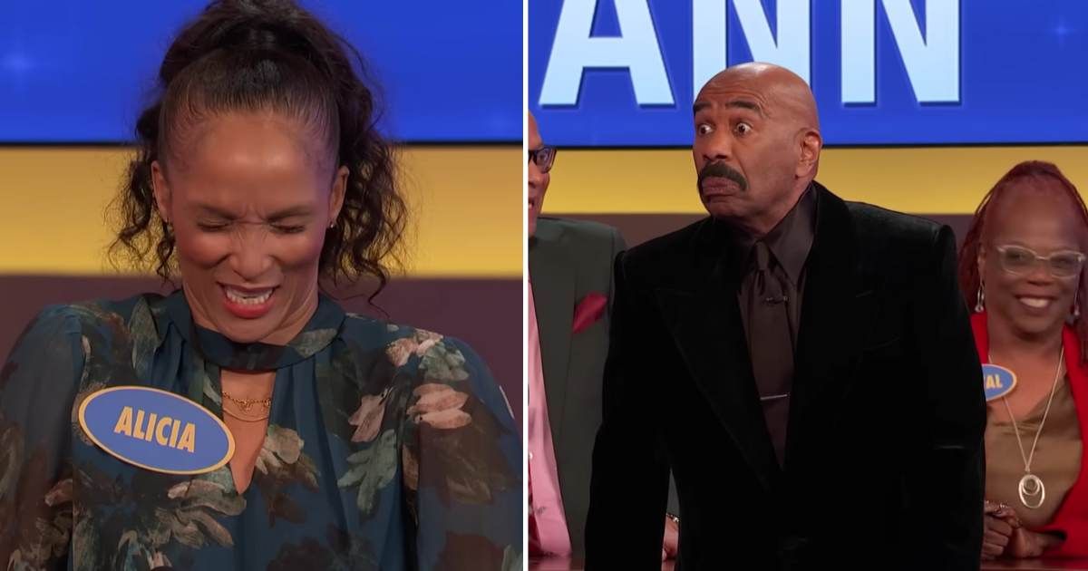 Screenshots showing the contestant and Steve Harvey on "Family Feud." (Cover Image Source: YouTube | Family Feud)