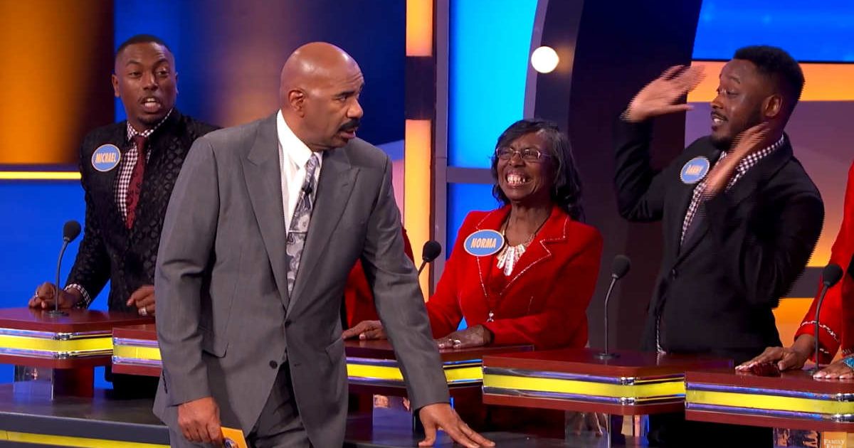 Screenshot showing Steve Harvey and a contestant's reaction (cover image source: Youtube/Family Feud)