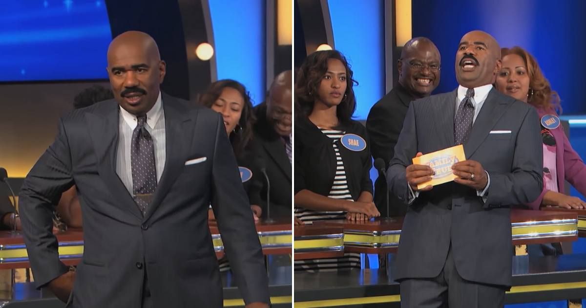 Screenshots showing Steve Harvey's reaction to the story (Cover image source: YouTube/Family Feud)