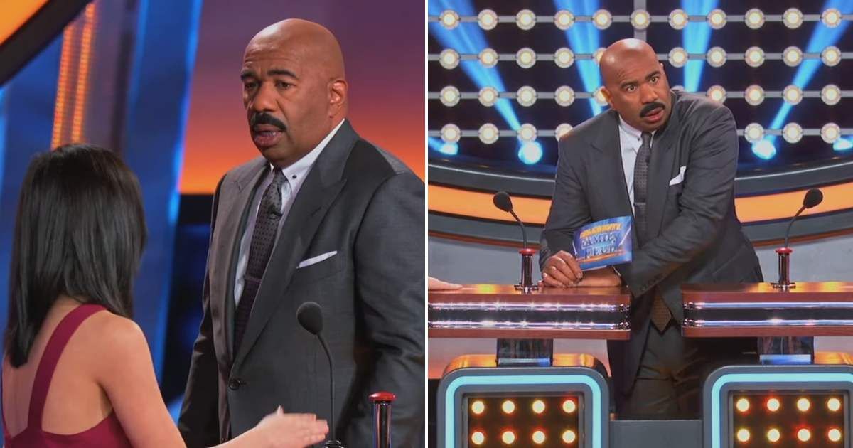 Screenshot showing Harvey's reactions to the answer (Cover image source: YouTube/Family Feud)