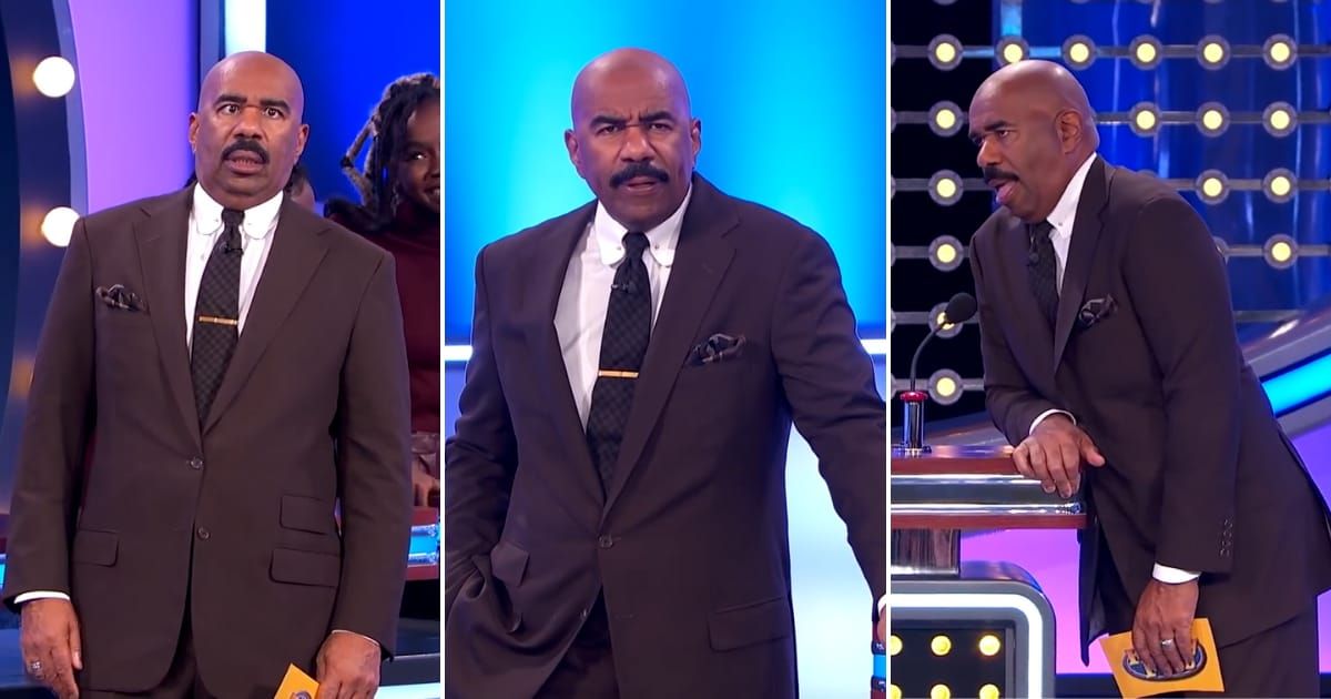 Screenshots showing Harvey's reactions to the painful answers (Cover image source: YouTube/Family Feud)