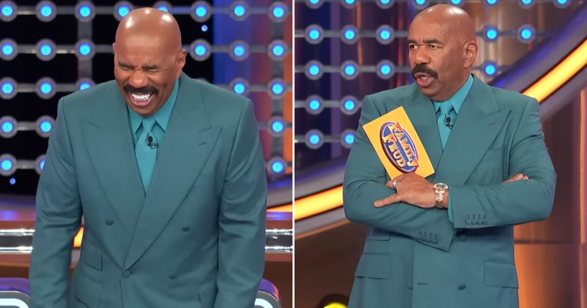 Screenshot showing Steve Harvey's reaction to the answer on the survey board (Cover image source: YouTube/Family Feud)