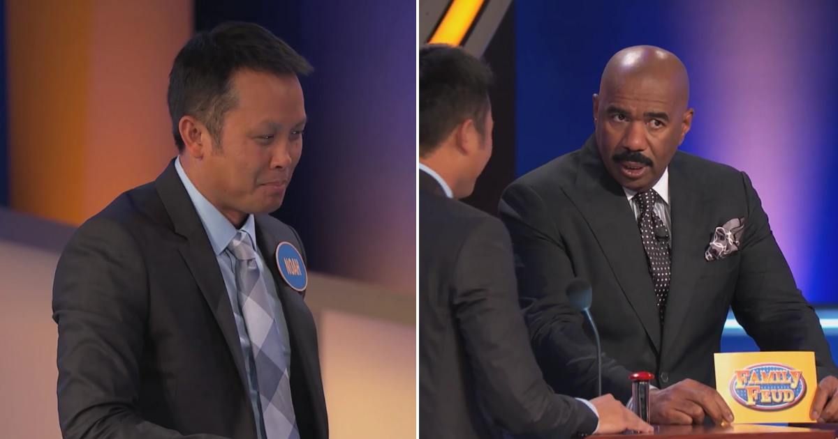 Screenshots showing the contestant and Steve Harvey on "Family Feud" (Cover Image Source: YouTube | Family Feud)