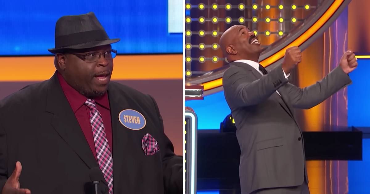 Screenshots showing the contestant and Steve Harvey on "Family Feud." (Cover Image Source: YouTube | Family Feud)