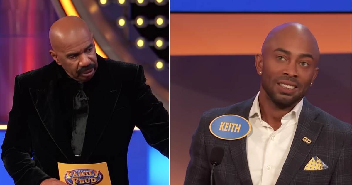 Screenshots showing Steve Harvey and the contestant on "Family Feud" (Cover Image Source: YouTube | Family Feud)
