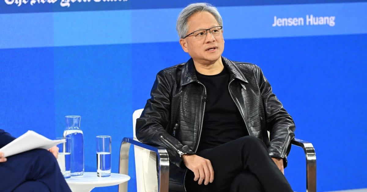 Jensen Huang speaks onstage during The New York Times Dealbook Summit 2023 at Jazz at Lincoln Center on November 29, 2023 in New York City (Cover image source: Getty Images/ Photo by Slaven Vlasic)