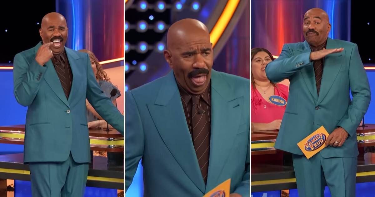 Screenshots showing Harvey reacting to the answer (Cover image source: YouTube/Family Feud)
